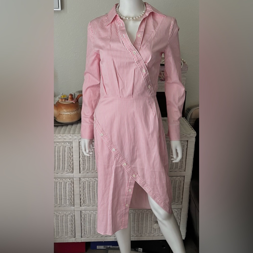 Altuzarra Striped Shirt Midi Dress Asymmetrical Hem all Cotton Pink White Size 4
